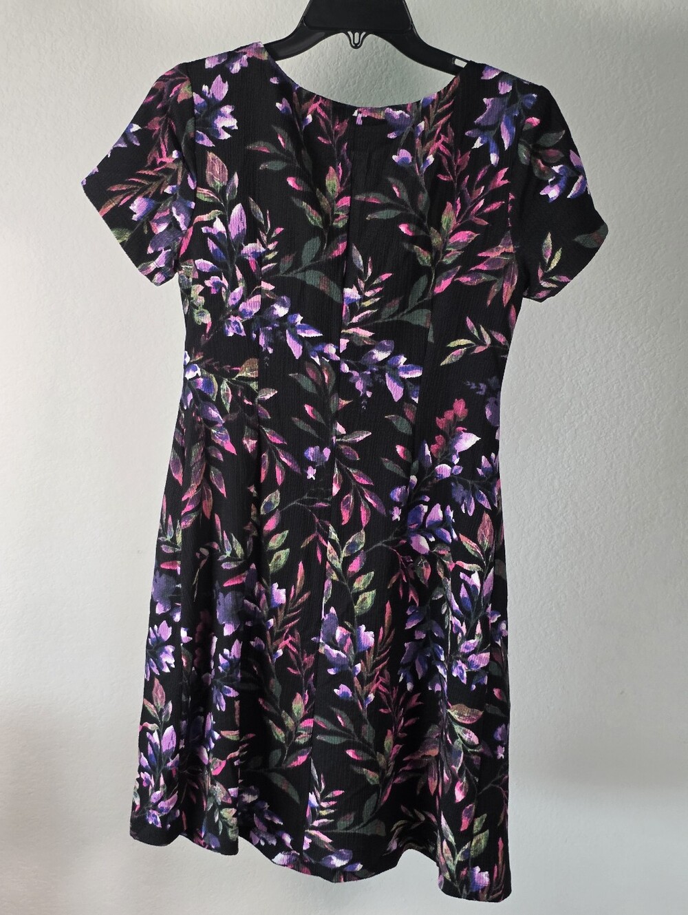 Connected Apparel Size 6 Black Floral Fit Flare A-Line Midi Dress Pink Purple - Picture 7 of 9